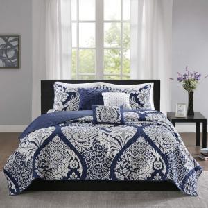Madison Park Vienna Reversible Cotton Quilt-Luxury Stitching Design All Season, Breathable Coverlet Bedspread Bedding, Shams, Decorative Pillow, King/Cal King, Indigo 6 Piece(Indigo)