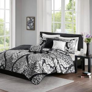 Madison Park Vienna Reversible Cotton Quilt-Luxury Stitching Design All Season, Breathable Coverlet Bedspread Bedding, Shams, Decorative Pillow, King/Cal King, Indigo 6 Piece(Black)