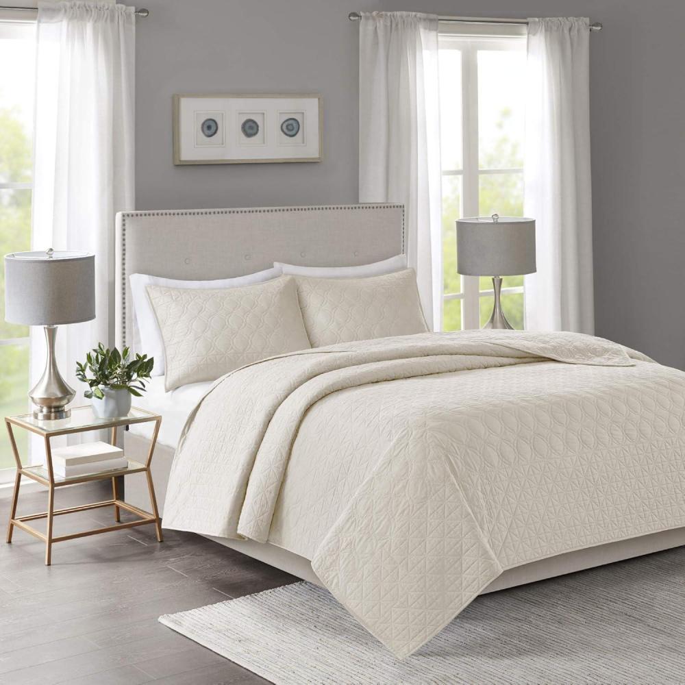 imageMadison Park Linnette Reversible Quilt Set All Season Breathable Coverlet Lightweight Cozy Bedding Layers Matching Shams FullQueen90x90 Geometric Cream 3 PieceGeometric Cream