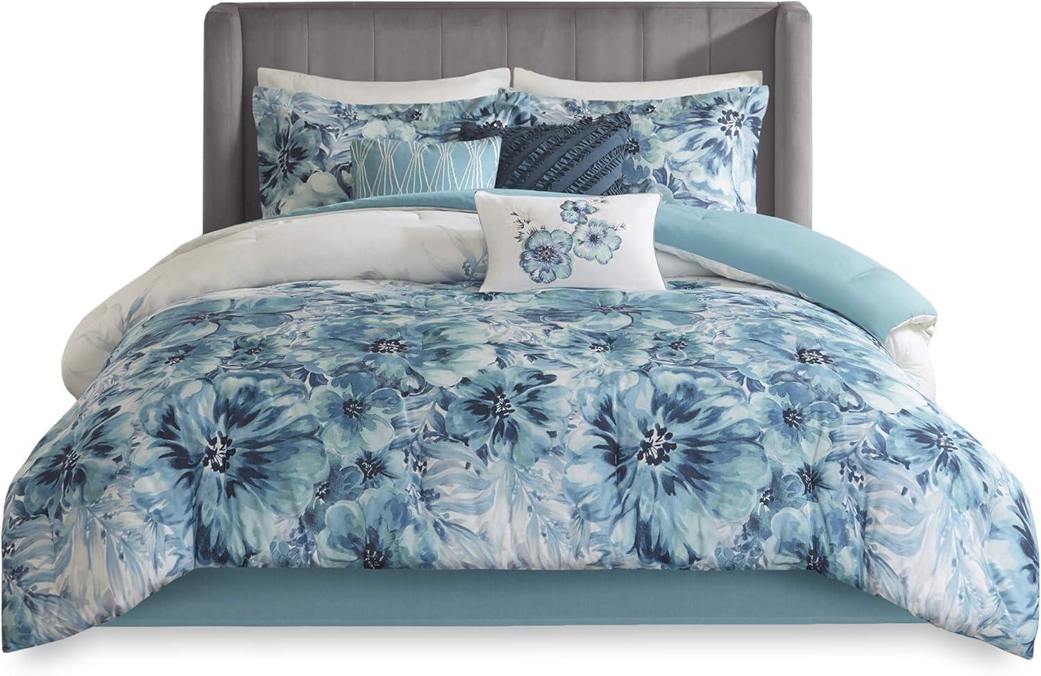imageMadison Park 100 Cotton Comforter Set Feminine Design Colorful Floral Print All Season Down Alternative Bedding Layer and Matching Shams California King 104 in x 92 in Mariana Multi 7 PieceTeal