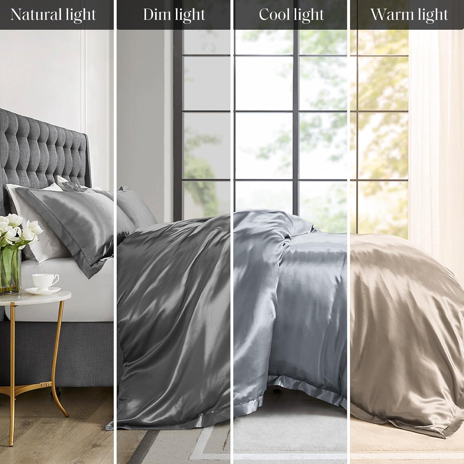 imageMadison Park Queen Satin Comforter Set Luxuriously Smooth on Hair amp Skin Lustrous Silky Comforters Queen Size All Season Satin Luxury Bedding Set Queen Shams FullQueen Grey 4 PieceGrey