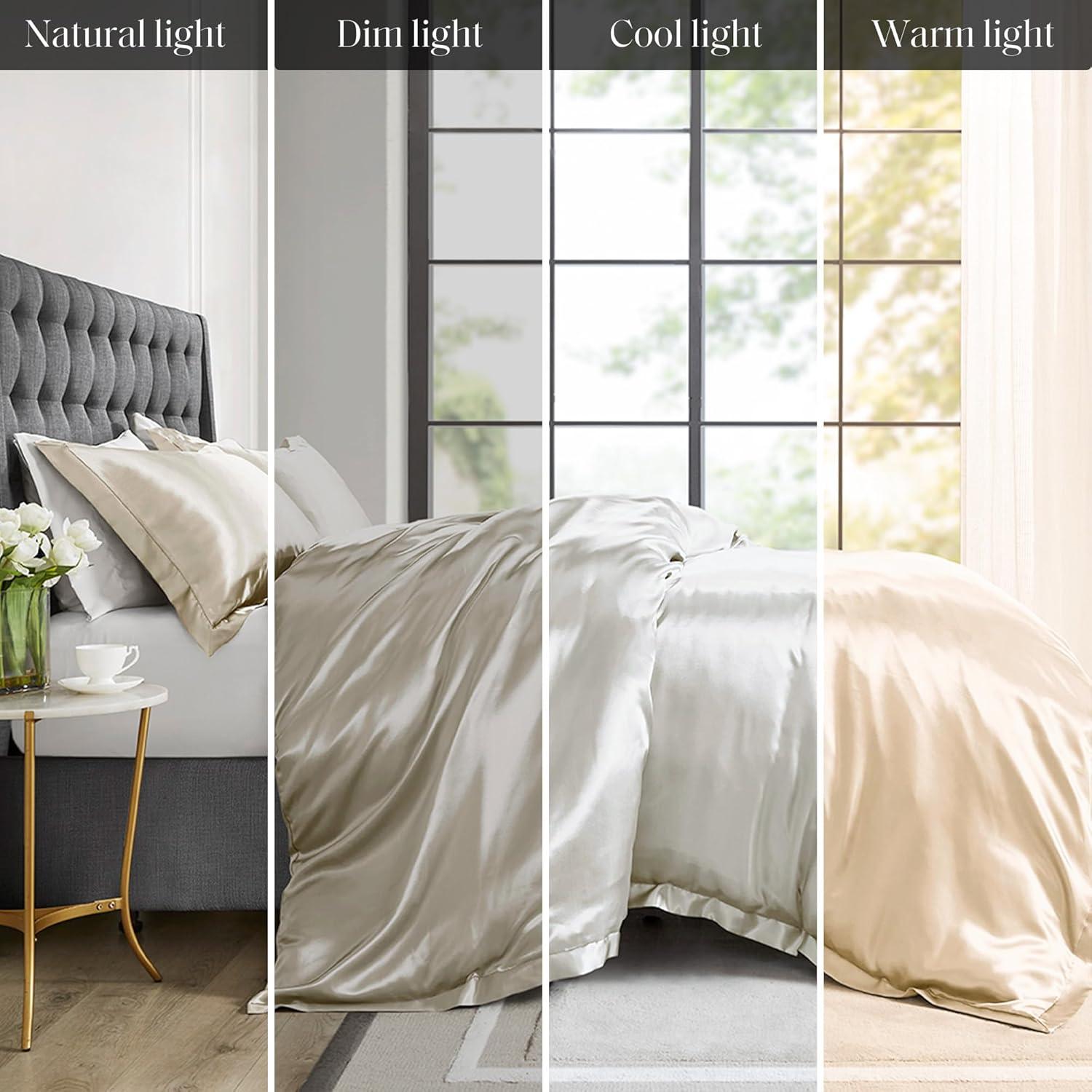 imageMadison Park Queen Satin Comforter Set Luxuriously Smooth on Hair amp Skin Lustrous Silky Comforters Queen Size All Season Satin Luxury Bedding Set Queen Shams FullQueen Grey 4 PieceIvory