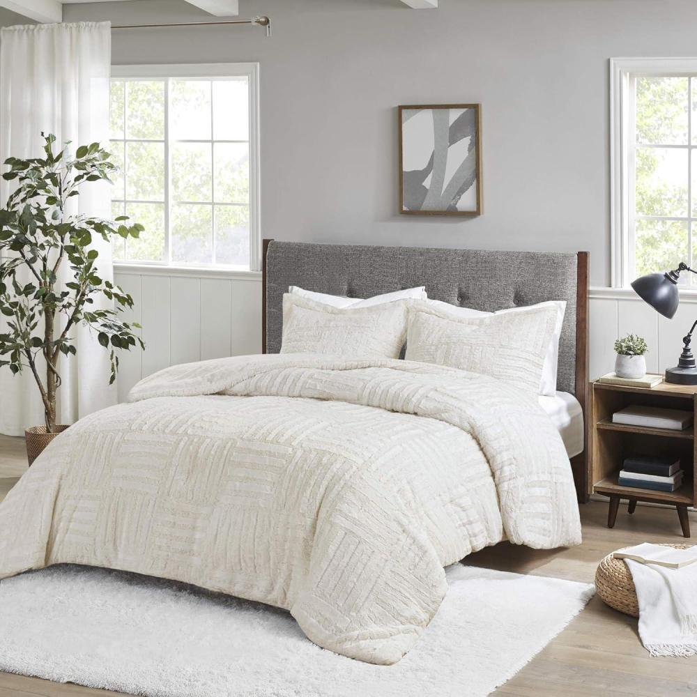 imageMadison Park Arctic Comforter Set Faux Fur Checkboard Textured Design  Down Alternative Ultra Soft Winter Cozy and Warm Bedding KingCal King GreyIvory