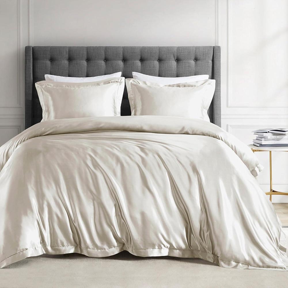 imageMadison Park Queen Satin Comforter Set Luxuriously Smooth on Hair amp Skin Lustrous Silky Comforters Queen Size All Season Satin Luxury Bedding Set Queen Shams FullQueen Grey 4 PieceIvory
