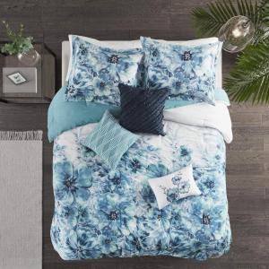 Madison Park 100% Cotton Comforter Set – Feminine Design Colorful Floral Print, All Season Down Alternative Bedding Layer and Matching Shams, California King (104 in x 92 in), Mariana, Multi 7 Piece(Teal)