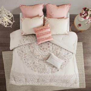 Madison Park Elise Comforter Reversible Cotton Percale Flower Floral Botanical Medallion Stripes Printed Soft Overfilled Down Alternative Hypoallergenic All Season Bedding-Set, Cal King, Blush
