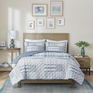 Madison Park Quilt Bedding Set, Jacquard Woven Patchwork Coverlet, Farmhouse, All Season Lightweight, Classic & Cozy Diamond Stitched Design Cover, Matching Shams, Graham Full/Queen Blue 3 Piece(Blue)