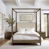 Madison Park Baylor Headboard, Footboard, Canopy Bed Frame with 5 Wood Slats – Upholstered Headboard, Post with Gold Accent, Bedroom Furniture, Box Spring Needed, Easy Assembly, Brown, Queen