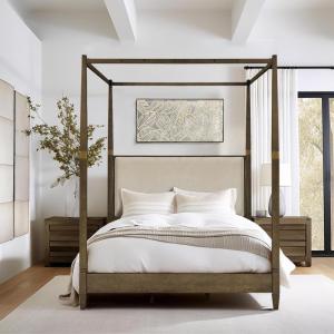 Madison Park Baylor Headboard, Footboard, Canopy Bed Frame with 5 Wood Slats – Upholstered Headboard, Post with Gold Accent, Bedroom Furniture, Box Spring Needed, Easy Assembly, Brown, Queen