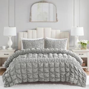 Madison Park King Comforter Set Ruched King Bedding Set, Elastic Embroidery Comforters Queen Size, All Season, Microfiber King Size Comforters, Matching Shams, Evelyn, King/Cal King, Grey 3 Piece(Grey)