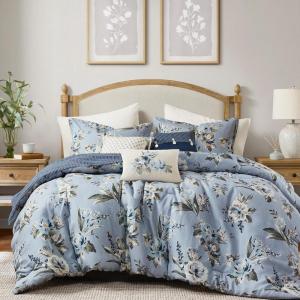 Madison Park King Comforter Set Vintage Floral Reversible Comforter, All Season, Down Alternative Bedding Comforter, Bedskirt, Pillows, Shams, Salara, King Blue 7 Piece(Blue)