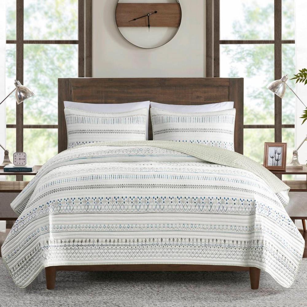imageMadison Park King Quilt Set  Southwestern Boho Reversible Seersucker Coverlet  Channel Quilting  All Season  Soft Microfiber  IvoryBlack 3 PieceTaupeBlue