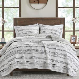Madison Park King Quilt Set – Southwestern Boho Reversible Seersucker Coverlet – Channel Quilting – All Season – Soft Microfiber – Ivory/Black 3 Piece(Ivory/Black)