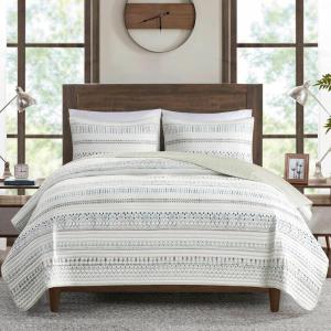 Madison Park King Quilt Set – Southwestern Boho Reversible Seersucker Coverlet – Channel Quilting – All Season – Soft Microfiber – Ivory/Black 3 Piece(Taupe/Blue)