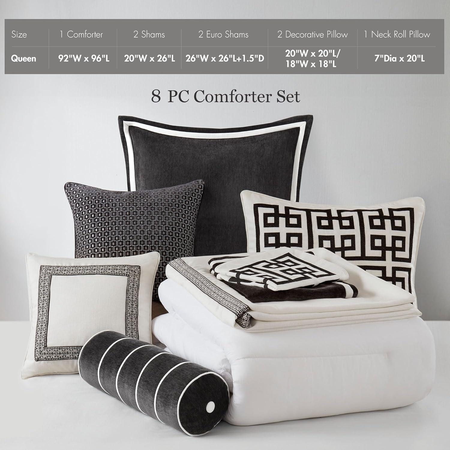 imageMadison Park Queen Comforter Set Hotel Style Embroidered Oversized Comforters Queen Size Bed All Season Down Alternative Overfilled Queen Size Comforter Jarvis Queen BlackWhite 8 PieceBlackWhite