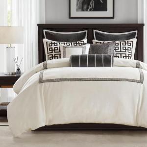 Madison Park Queen Comforter Set Hotel Style Embroidered, Oversized Comforters Queen Size Bed, All Season Down Alternative Overfilled Queen Size Comforter, Jarvis, Queen Black/White 8 Piece(Black/White)