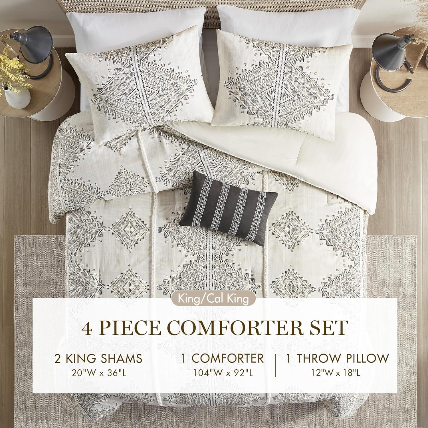 imageMadison Park King Comforter Set Boho Comforters with Chenille Trims All Seasons Microfiber Bedding Pillow amp Shams Ibiza Cal King BlackIvory 4 PieceBlackIvory