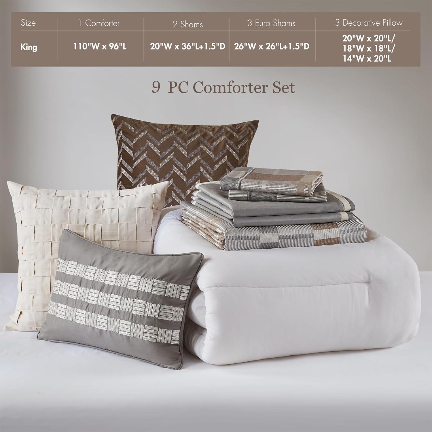 imageMadison Park King Comforter Set Jacquard Geometric Oversized Comforters King Size Bed All Season Down Alternative Overfilled King Size Comforter Prescott Taupe 9 PieceTaupe