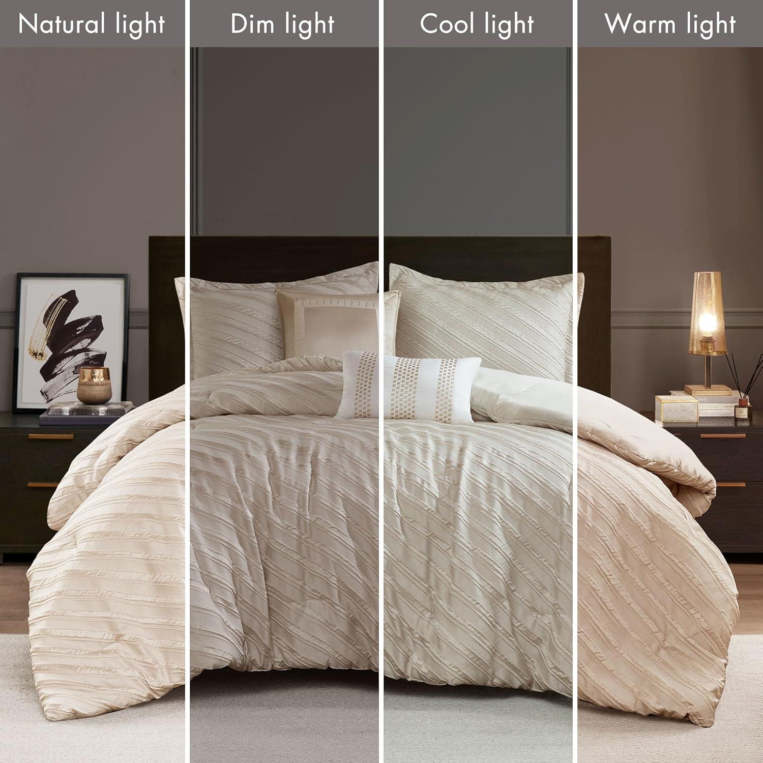 imageMadison Park King Comforter Set Raised Jacquard Texture Comforters King Size Bed All Season Down Alternative Bedding King Size Comforter Decorative Pillows Matching Shams Riva King Beige 5 PieceBeige