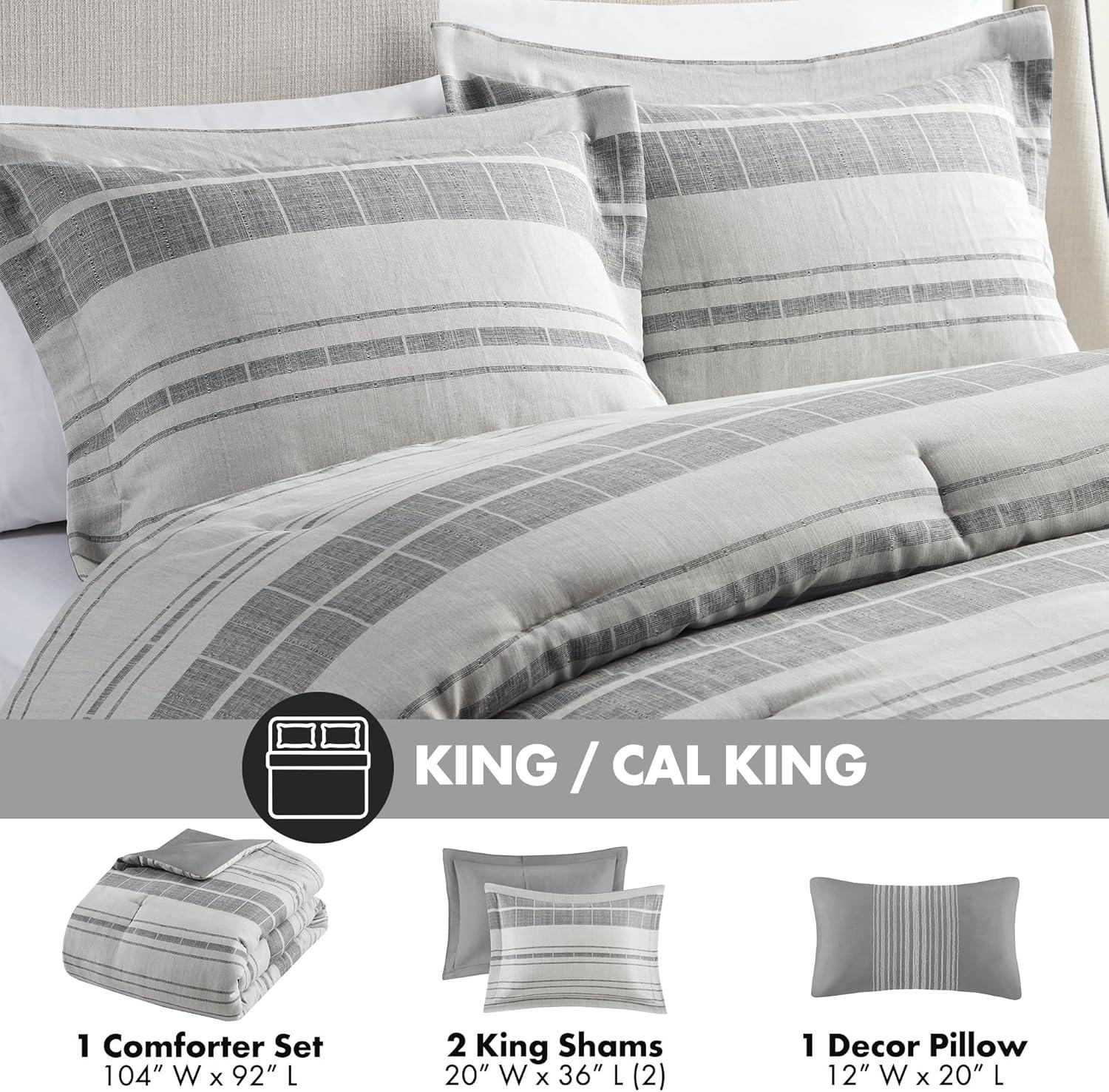 imageMadison Park King Comforter Set Stripes Comforter for King Size Bed LinenLike Cotton Rich All Season amp Lightweight Queen Bed Set amp Shams Farmhouse Rhodes KingCal King GreyMulti 3 PieceGreyMulti