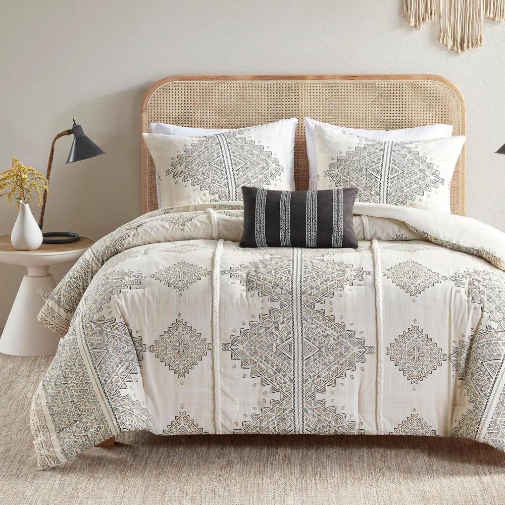 imageMadison Park King Comforter Set Boho Comforters with Chenille Trims All Seasons Microfiber Bedding Pillow amp Shams Ibiza Cal King BlackIvory 4 PieceBlackIvory
