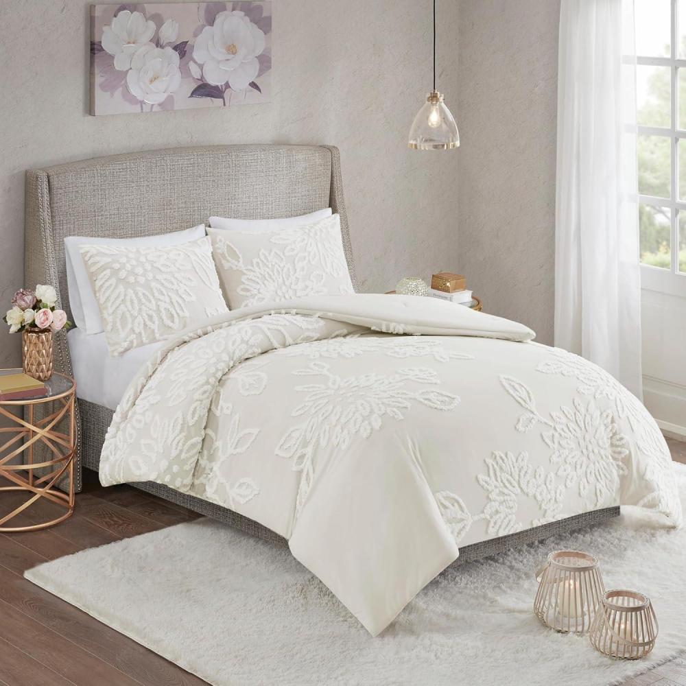 imageMadison Park King Comforter Set Floral Chenille Tufted Cotton Comforter for King Size Bed Soft amp Lightweight Down Alternative King Bedding Set Shams Veronica KingCal King GreyWhite 3 PieceOff White
