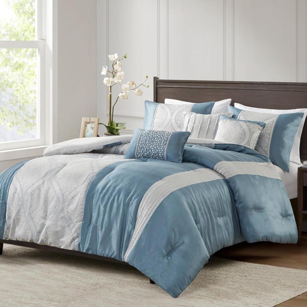 imageMadison Park King Comforter Set Jacquard Comforters for King Size Bed Ogee Print Pleated Trims All Season Luxurious Comforters King Size Bedding Set Lori KingCal King TealSilver 6 PieceTealSilver