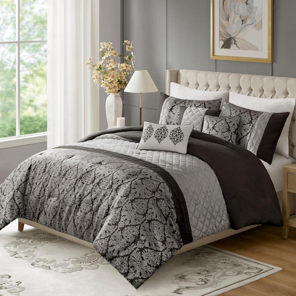 imageMadison Park King Comforter Set Jacquard Damask Comforters for King Size Bed Diamond Quilted amp Pleated All Season Luxurious Comforters King Size Bedding Set Lily KingCal King Black 6 PieceBlack