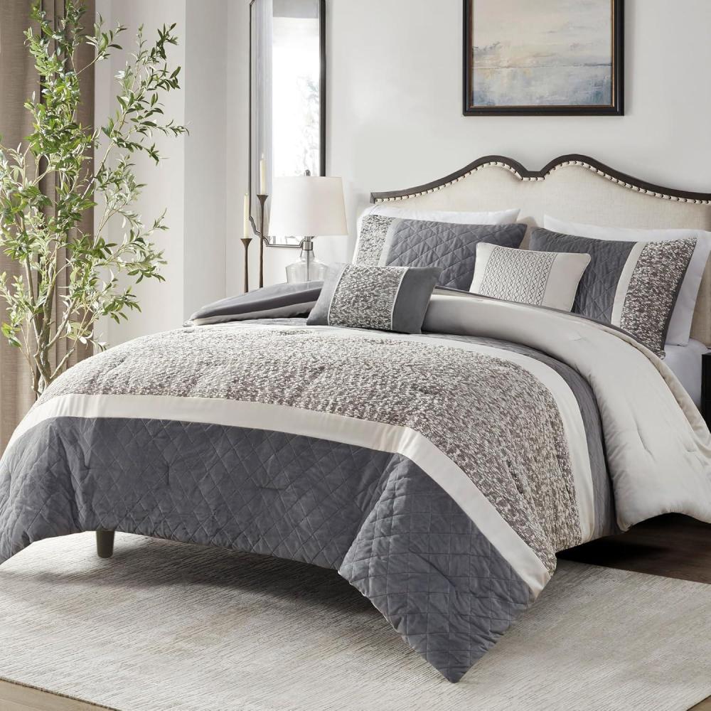 imageMadison Park King Comforter Set Pieced Boucle amp Mink Comforters for King Size Bed Fuzzy amp Warm Quilted Bedding All Season Luxurious Comforters King Size Bed Set Amelia KingCal King Grey 5 PieceGrey