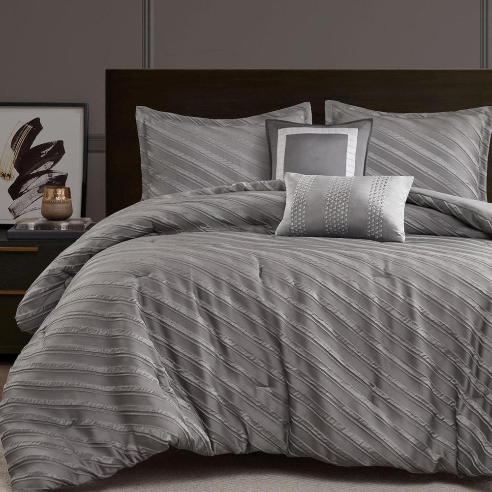 imageMadison Park King Comforter Set Raised Jacquard Texture Comforters King Size Bed All Season Down Alternative Bedding King Size Comforter Decorative Pillows Matching Shams Riva King Beige 5 PieceGrey
