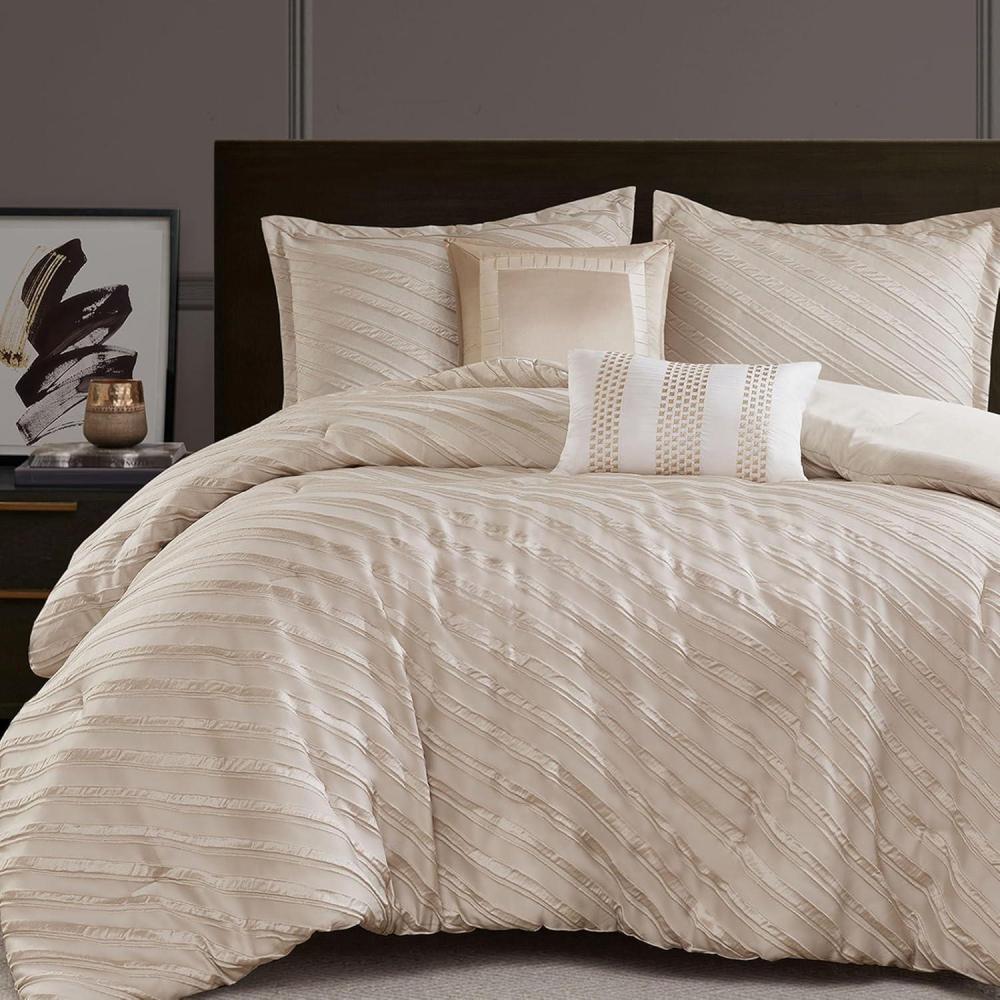 imageMadison Park King Comforter Set Raised Jacquard Texture Comforters King Size Bed All Season Down Alternative Bedding King Size Comforter Decorative Pillows Matching Shams Riva King Beige 5 PieceBeige