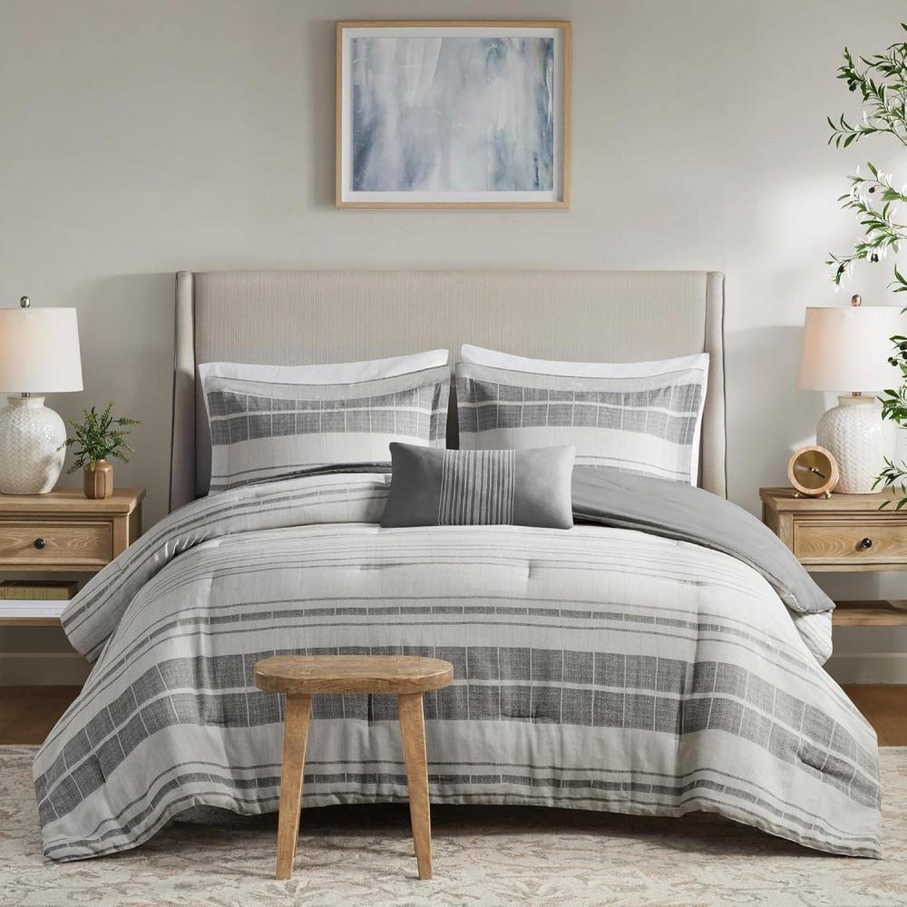 imageMadison Park King Comforter Set Stripes Comforter for King Size Bed LinenLike Cotton Rich All Season amp Lightweight Queen Bed Set amp Shams Farmhouse Rhodes KingCal King GreyMulti 3 PieceGreyMulti