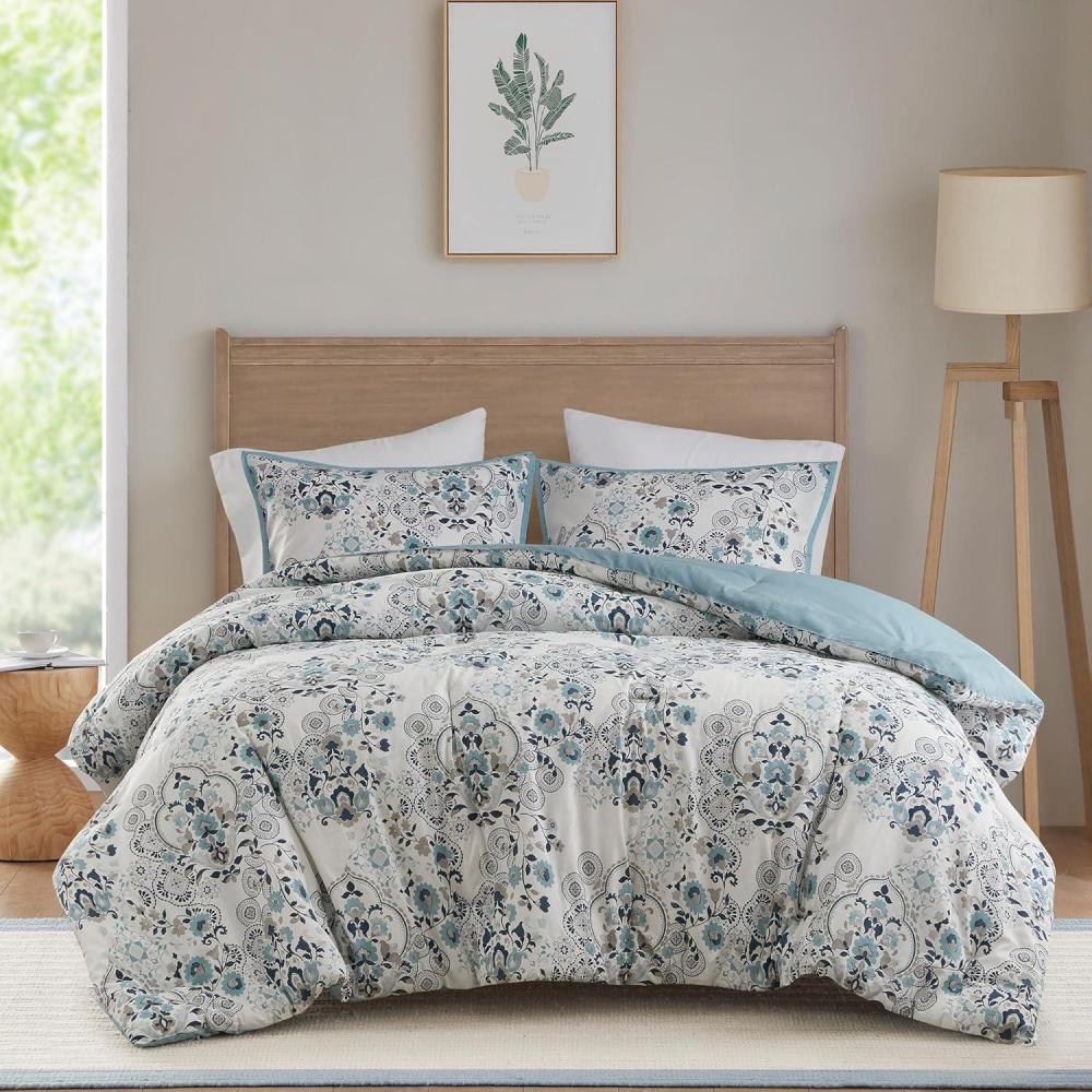 imageMadison Park Queen Comforter Set Medallion Comforter for Queen Size Bed Woven Tufted Bedding All Season amp Lightweight Queen Bed Set with Shams Shabby Chic Cottage Brielle FullQueen Blue 3 PieceBlue