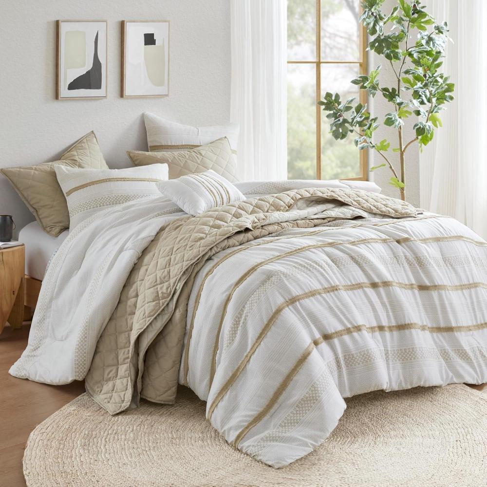 imageMadison Park Queen Comforter Set and Quilt Set Boho Comforter for Queen Size Bed with Diamond Quilted Coverlet Set All Season Queen Size Bedding Matching Shams Carolina FullQueen Black 7 PieceTaupe