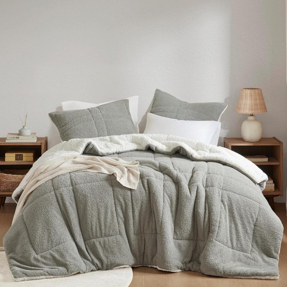 imageMadison Park Reversible FeatherSoft Plush Comforter Set for King Size Bed All Season Luxurious Quilted Sherpa Comforters King Size Bedding Set Wynne Grey 3 PieceGrey