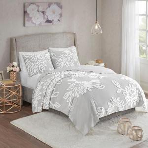 Madison Park King Comforter Set Floral Chenille Tufted Cotton Comforter for King Size Bed, Soft & Lightweight Down Alternative King Bedding Set, Shams, Veronica, King/Cal King Grey/White 3 Piece(Grey/White)