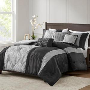 Madison Park King Comforter Set Jacquard Comforters for King Size Bed, Ogee Print, Pleated Trims, All Season Luxurious Comforters King Size Bedding Set, Lori, King/Cal King Teal/Silver 6 Piece(Black/Silver)