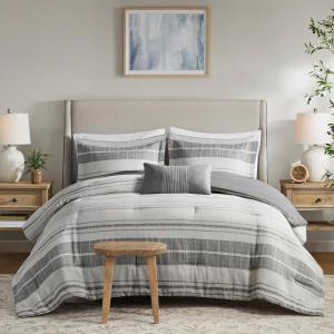 Madison Park King Comforter Set Stripes Comforter for King Size Bed, Linen-Like Cotton Rich, All Season & Lightweight Queen Bed Set & Shams, Farmhouse, Rhodes, King/Cal King, Grey/Multi 3 Piece(Grey/Multi)