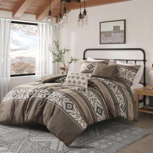 Madison Park Queen Comforter Set, Stripes Herringbone Southwestern Boho Comforters Queen Size, All Season Lightweight & Fluffy Microfiber Bed Set, 2 Décor Pillows, Mariposa, Full/Queen Brown 5 Piece(Brown)