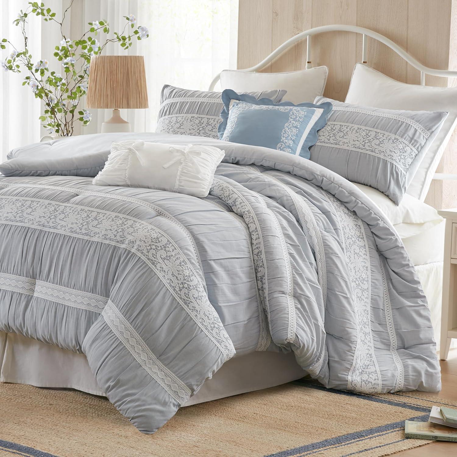 imageMadison Park 5Piece Farmhouse Comforter Set with Ruching amp Lace Trim Soft Chambray Bedding Includes Comforter and 2 Decorative Pillows Queen Charmbray LightweightCharmbray