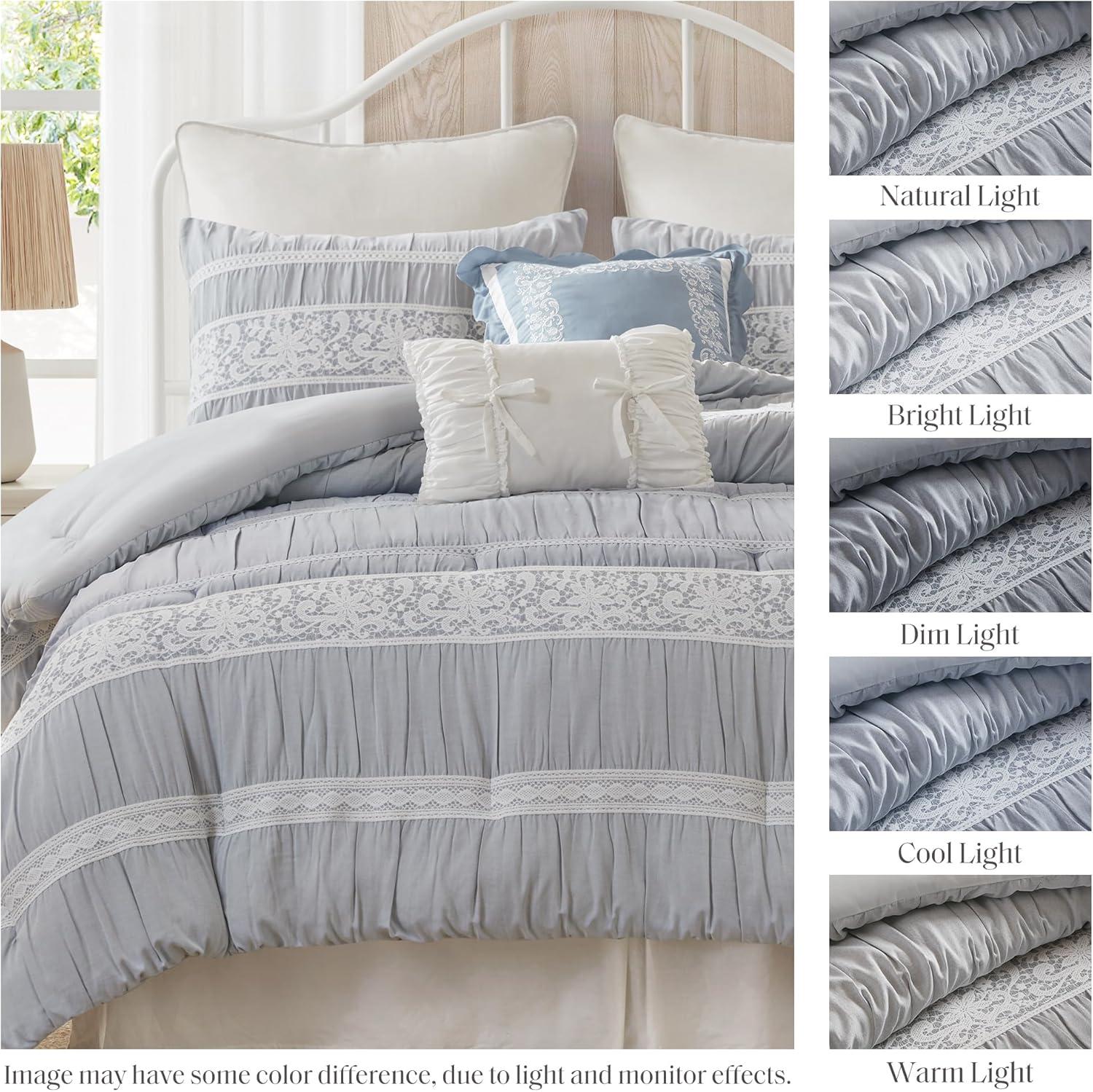 imageMadison Park 5Piece Farmhouse Comforter Set with Ruching amp Lace Trim Soft Chambray Bedding Includes Comforter and 2 Decorative Pillows Queen Charmbray LightweightCharmbray