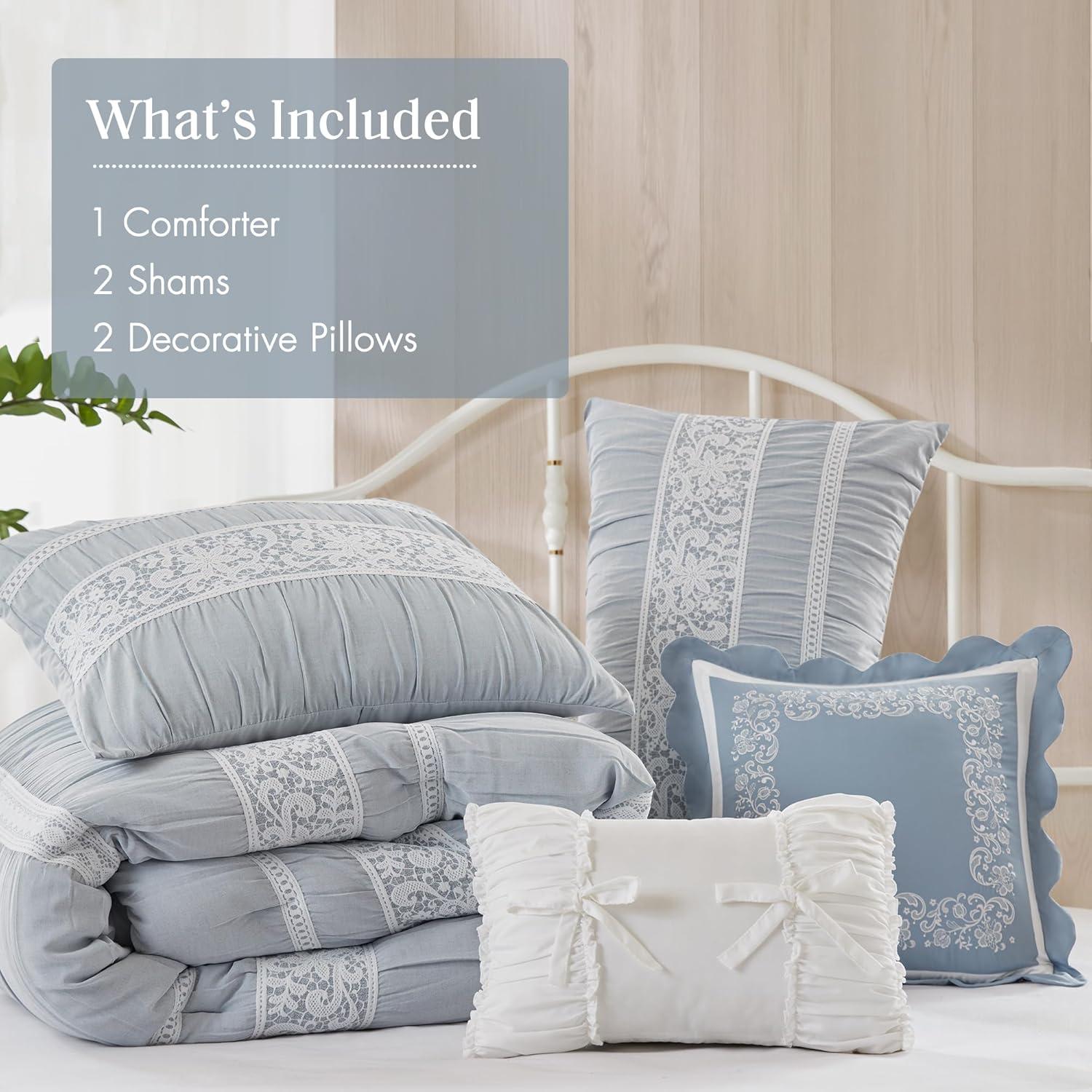 imageMadison Park 5Piece Farmhouse Comforter Set with Ruching amp Lace Trim Soft Chambray Bedding Includes Comforter and 2 Decorative Pillows Queen Charmbray LightweightCharmbray