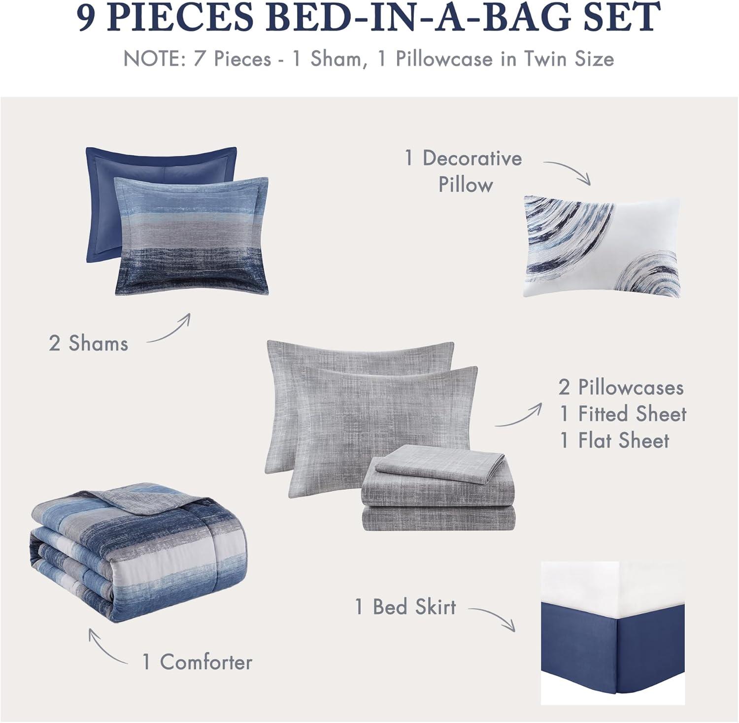 imageMadison Park Essentials Queen Comforter Set Bed in a Bag Watercolor Print Coastal Comforter amp Chambray Cotton Sheet Set All Season Bedding Set Saben Black Queen 90 in x 90 in 9 PieceNavy