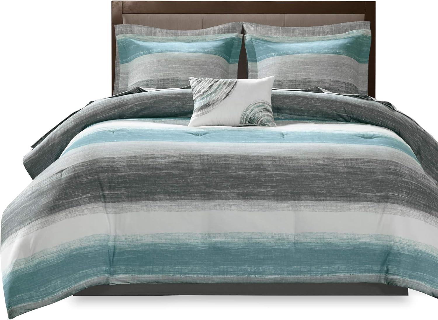 imageMadison Park Essentials Queen Comforter Set Bed in a Bag Watercolor Print Coastal Comforter amp Chambray Cotton Sheet Set All Season Bedding Set Saben Black Queen 90 in x 90 in 9 PieceStripe Aqua