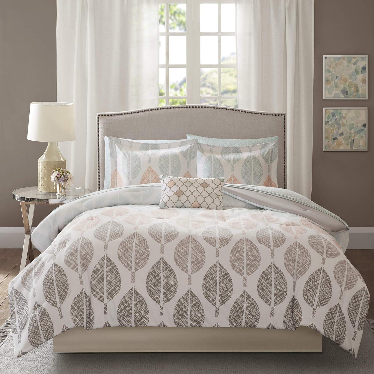 imageMadison Park Essentials Queen Comforter Set Bed in a Bag Watercolor Print Coastal Comforter amp Chambray Cotton Sheet Set All Season Bedding Set Saben Black Queen 90 in x 90 in 9 PieceLeaf CoralGreen
