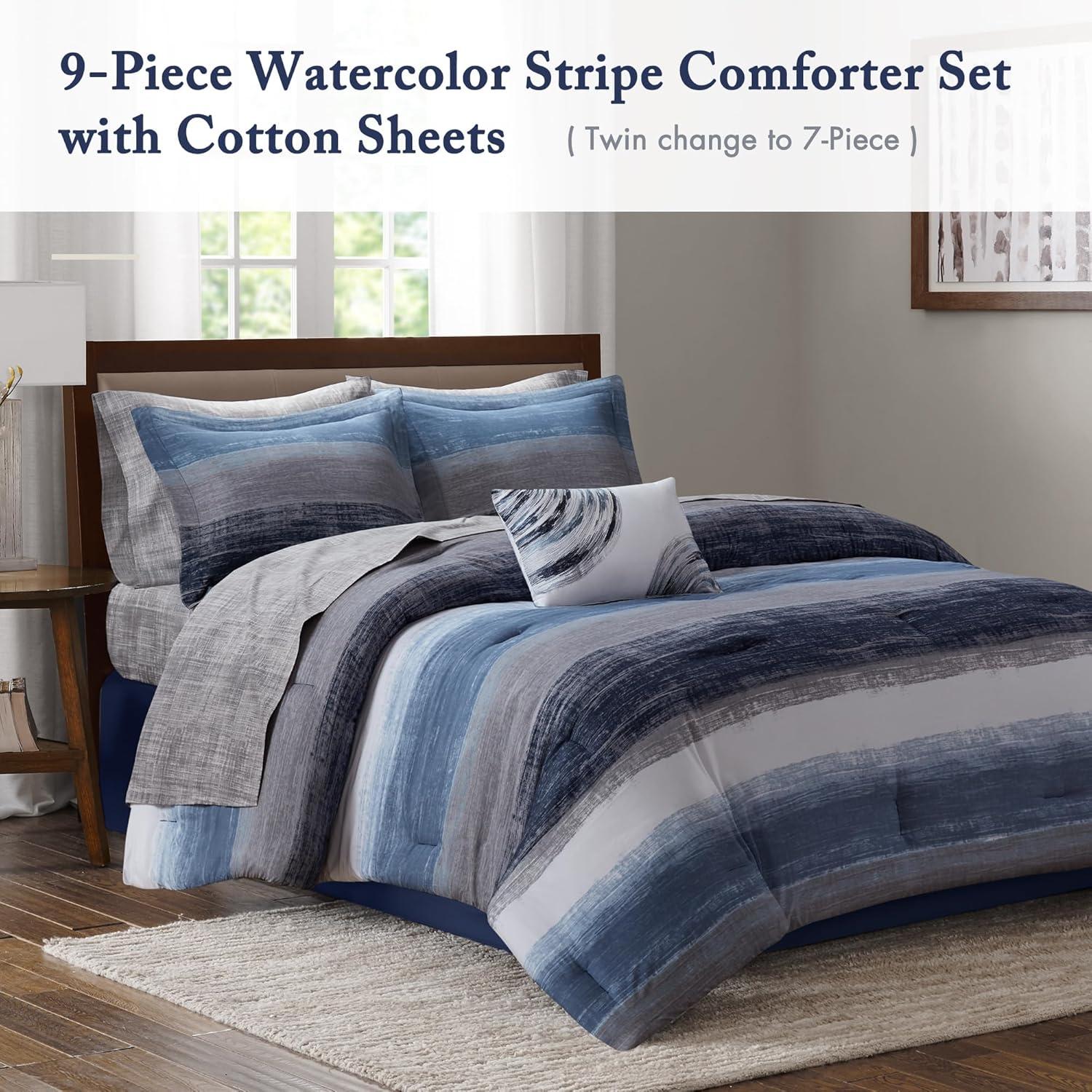 imageMadison Park Essentials Queen Comforter Set Bed in a Bag Watercolor Print Coastal Comforter amp Chambray Cotton Sheet Set All Season Bedding Set Saben Black Queen 90 in x 90 in 9 PieceNavy