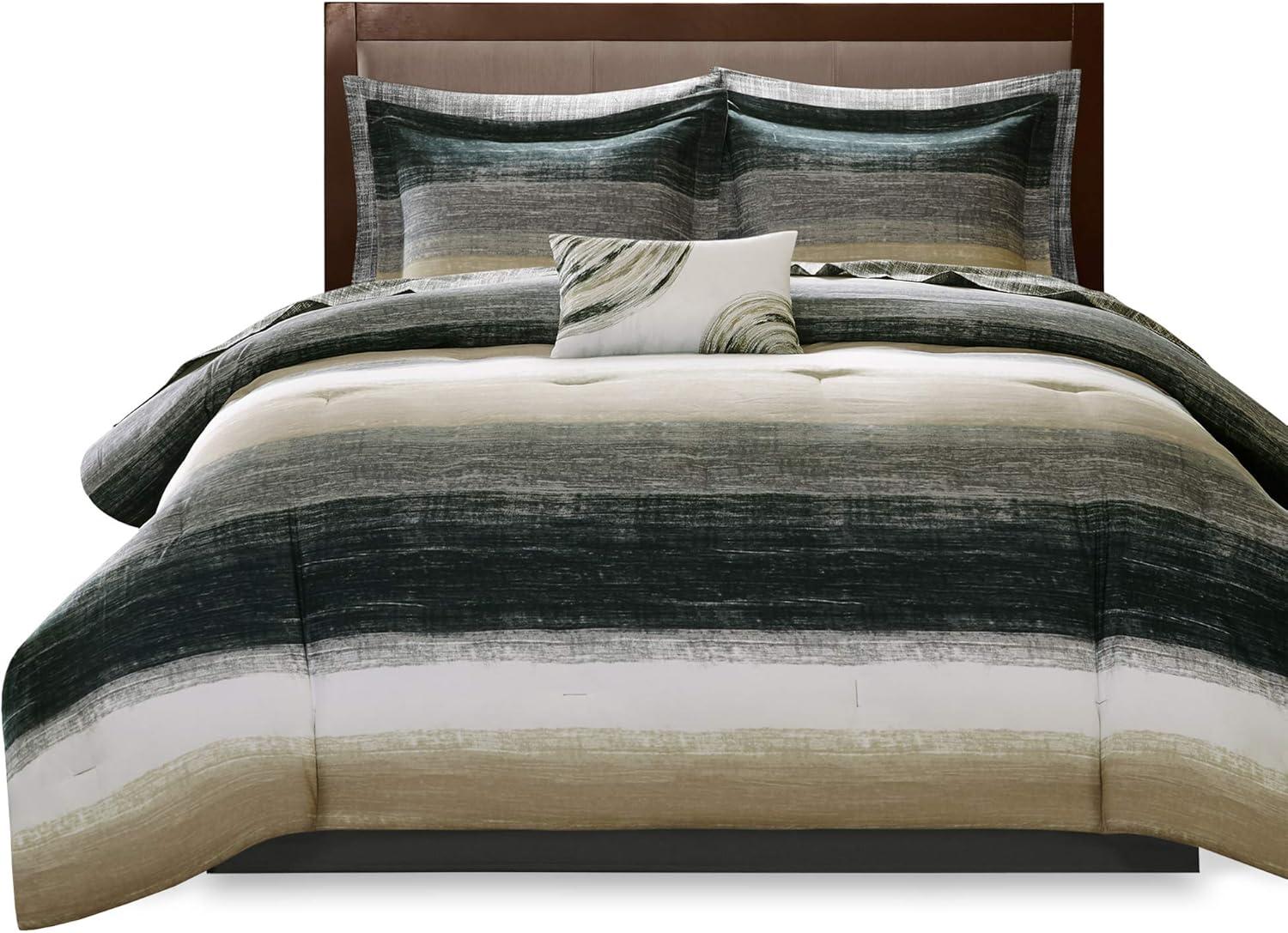 imageMadison Park Essentials Queen Comforter Set Bed in a Bag Watercolor Print Coastal Comforter amp Chambray Cotton Sheet Set All Season Bedding Set Saben Black Queen 90 in x 90 in 9 PieceStripe Taupe