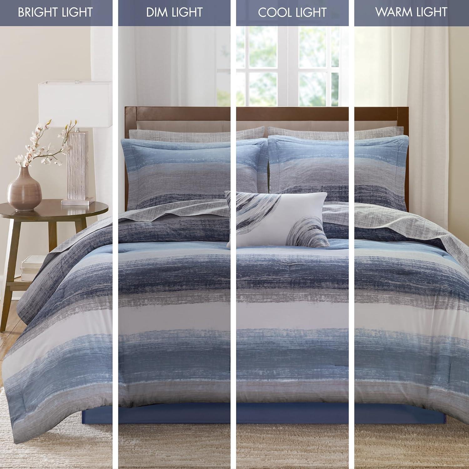 imageMadison Park Essentials Queen Comforter Set Bed in a Bag Watercolor Print Coastal Comforter amp Chambray Cotton Sheet Set All Season Bedding Set Saben Black Queen 90 in x 90 in 9 PieceNavy