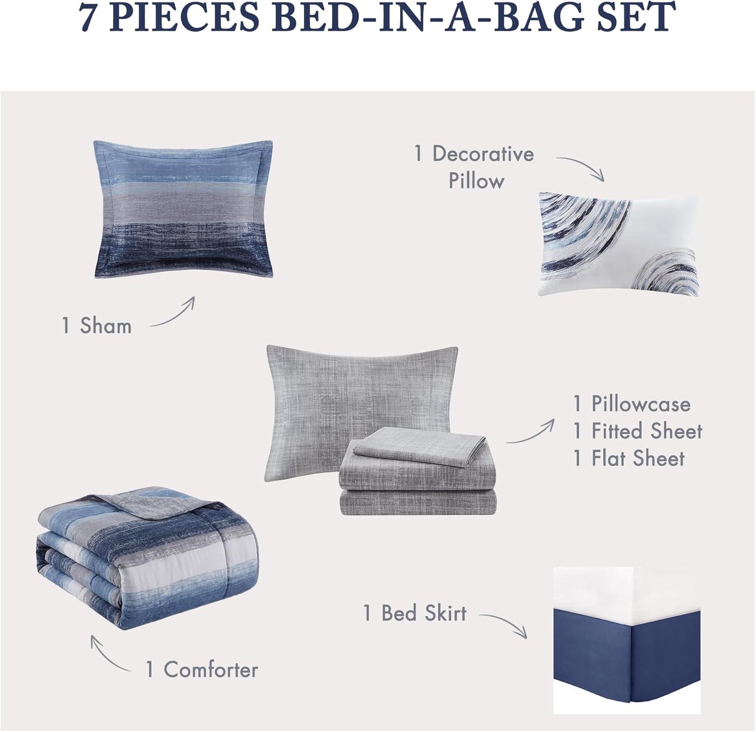 imageMadison Park Essentials Queen Comforter Set Bed in a Bag Watercolor Print Coastal Comforter amp Chambray Cotton Sheet Set All Season Bedding Set Saben Black Queen 90 in x 90 in 9 PieceNavy