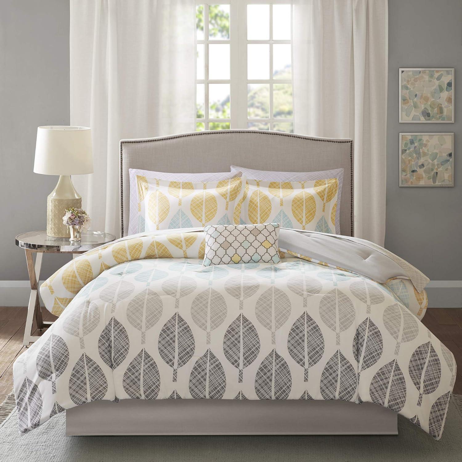 imageMadison Park Essentials Queen Comforter Set Bed in a Bag Watercolor Print Coastal Comforter amp Chambray Cotton Sheet Set All Season Bedding Set Saben Black Queen 90 in x 90 in 9 PieceLeaf YellowAqua